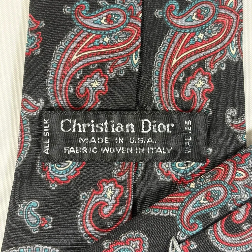Christian‎ Dior Vintage 90s Silk Paisley Tie Red Teal Black Preppy Dark Academia
